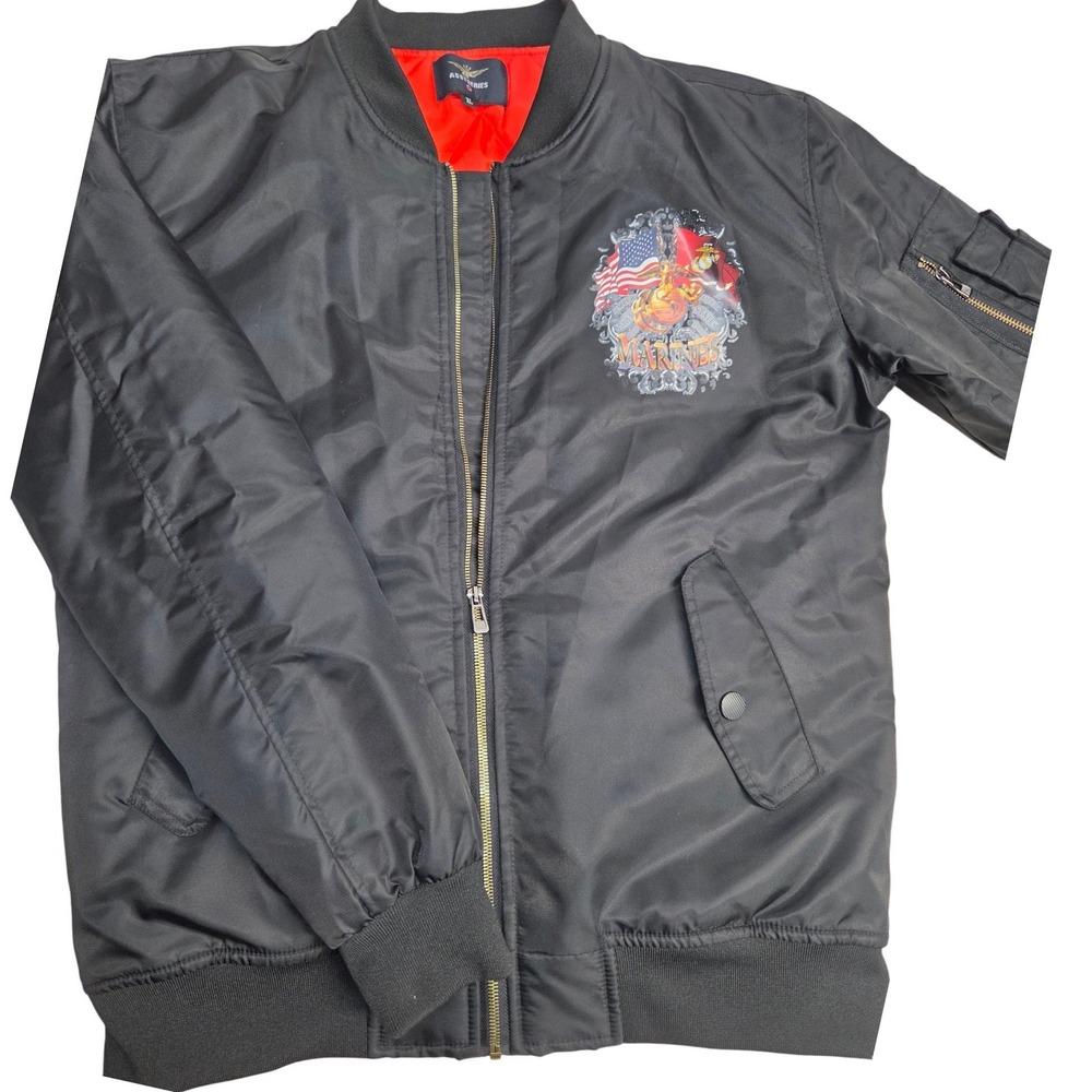 USMC Bomber Jacket ASSTSERIES Mens XL Black Graphic Zip Up Semper Fidelis U.S.